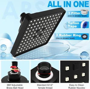 Detail view of 6-inch black square shower head with adjustable brass joint and filter