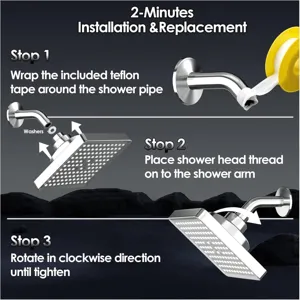 Detailed 3-step installation guide for 6-inch square chrome rainfall shower head