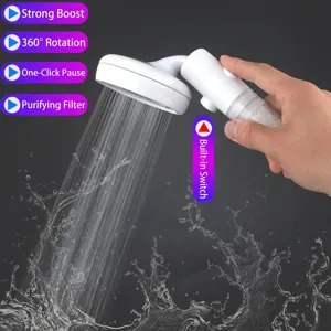 Handheld pressurized filtered shower head with universal rotation and one-key water stop switch