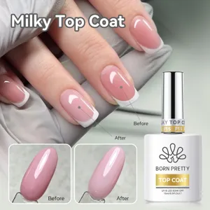 Milky top coat gel polish finish on manicured nails shown as before and after comparison