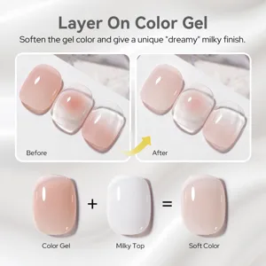 Detailed macro view showing the milky top coat effect softening nail gel color