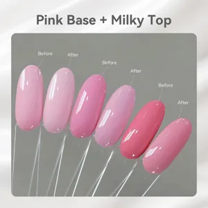 Comparison of pink base with milky top coat showing before and after effects