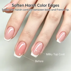 Détail montrant le top coat laiteux adoucissant le contraste d'une manucure.