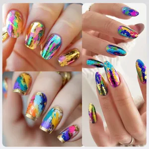 Macro-opname van artistieke nail art met kleurrijke patronen en goudfolie