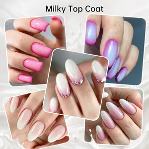 Collage montrant divers effets de vernis milky top coat en rose, violet et blanc.