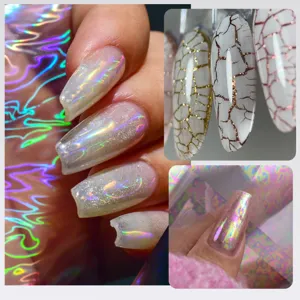 Demonstratie van iriserende holografische en gouden crackle nail art transfer effecten