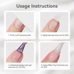Step-by-step tutorial for applying milky top coat nail gel polish with LED lamp curing