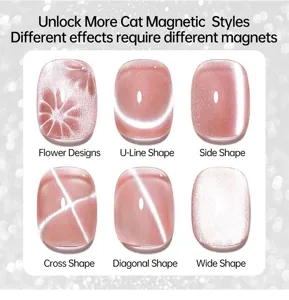 Guide visuel montrant divers motifs de vernis gel magnétique œil de chat, fleurs et croix