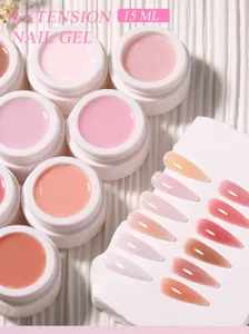 Macro detail of 15ml extension nail gel jars and palette with various nude pink shade tips