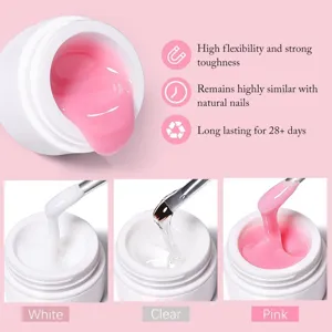 Nail extension gel kit with White, Clear, and Pink 15ml jars for long-lasting manicures