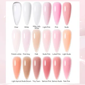 Professional nail extension gel color palette with 18 shades from clear white to nude pink