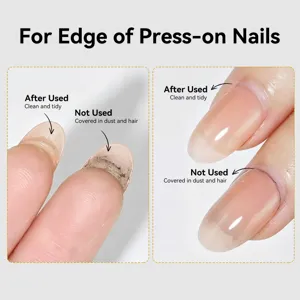 Comparison of nail edge gel effects showing clean versus dirty edges for press-on nails.
