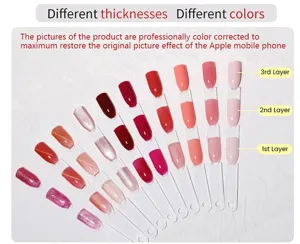 Nuancier de gel d'extension d'ongles montrant l'effet de 1 à 3 couches d'épaisseur