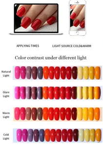 Carta de colores de gel para uñas con contraste bajo luz natural, fuerte, cálida y fría