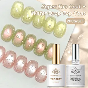 Dettaglio dell'effetto top coat a gocce d'acqua 3D su unghie gel rosa e gialle.