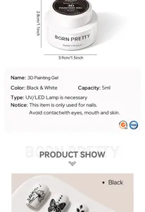 Detailed product information and usage of BORN PRETTY black 3D painting gel for nails