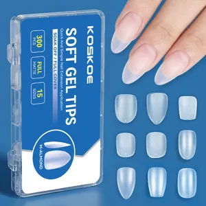Close-up of KOSKOE soft gel nail tips box and matte almond shape demonstration