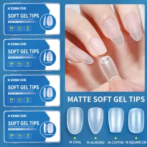 Detailed view of KOSKOE matte soft gel nail tips in various shapes and packaging