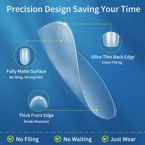 Detail of ultra-thin matte press-on nail tips showing precision edge design features.