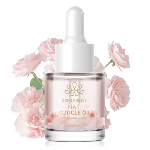 Detailed view of Born Pretty nail cuticle oil featuring a clear bottle with pink flowers