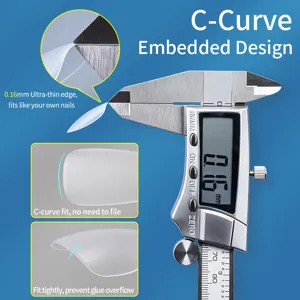 Detailed view of ultra-thin matte nail tips featuring a 0.16mm edge and C-curve design.