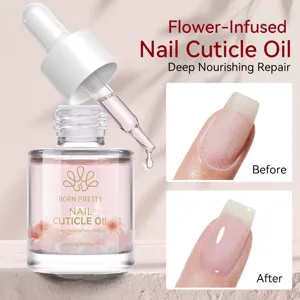 Close-up of BORN PRETTY flower-infused nail cuticle oil with before and after effect