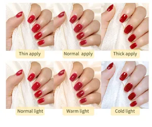 Vergleich von rotem Nagellackgel unter verschiedenen Lichtverhältnissen und Dicken