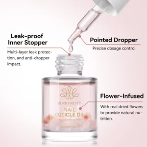Detailed view of BORN PRETTY flower-infused cuticle oil with a precise pointed dropper