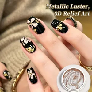 Metallisches Relief-Nagelgel für 3D-Blumendesigns auf glänzenden schwarzen Nägeln