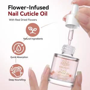 Detail of Flower-Infused Nail Cuticle Oil with real dried flowers in a glass bottle