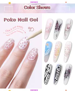 Detailed view of various poke nail gel designs and texture application process