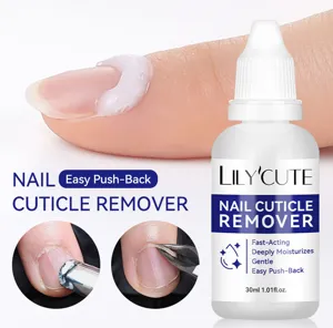 LILY'CUTE Nagelhautentferner-Flüssigkeit mit Anwendungs- und Erweichungsergebnissen.
