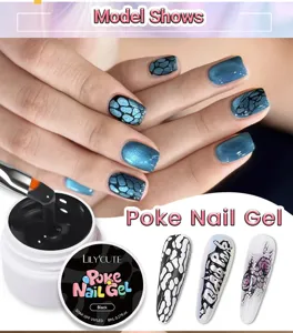 Detail of black poke nail gel creating intricate texture patterns on manicured nails