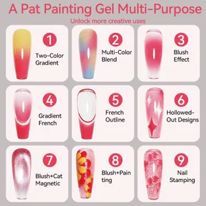 Solid pat painting gel for nail art showing nine creative gradient and blush effects