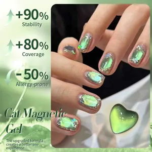 Detail view of sparkling green cat eye magnetic nail gel with glass bead effect finish