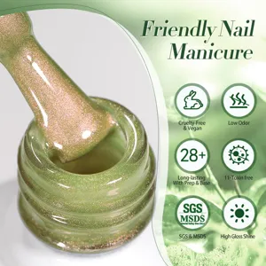 Close-up detail of green glitter cat eye gel nail polish showing high gloss shine