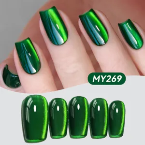 Detailed view of green cat eye magnetic gel nail polish showing magnetic shimmer effect
