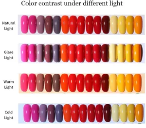 Detailed color contrast of nail polish gel under natural, glare, warm, and cold lighting.