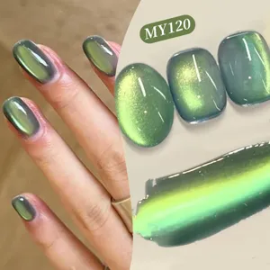 Detailed view of green cat eye magnetic gel nail polish with a shiny glassy bead effect
