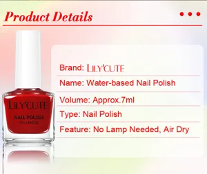 Características del esmalte de uñas rojo al agua LILY'CUTE con secado al aire.