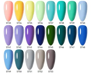 Vue détaillée de 21 couleurs de vernis à ongles en gel étiquetées de ST33 à ST53.