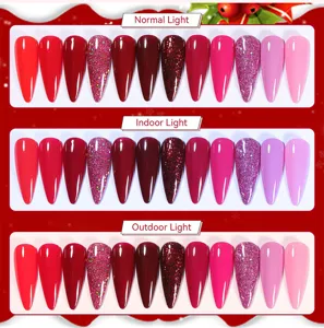 Comparación de colores de esmalte de uñas rojo y rosa bajo tres tipos de iluminación
