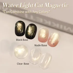 Primo piano del gel magnetico occhio di gatto su basi per unghie nere nude e chiare