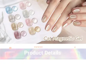 Close-up of shimmering cat magnetic gel polish effect on nails and sample tips