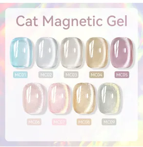 Nine colors of cat magnetic nail gel swatches featuring iridescent glass bead effects