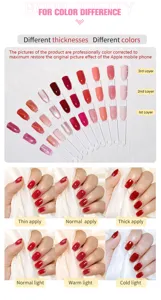 Comparaison de couleurs de gel à ongles selon les couches, l'épaisseur et la lumière.