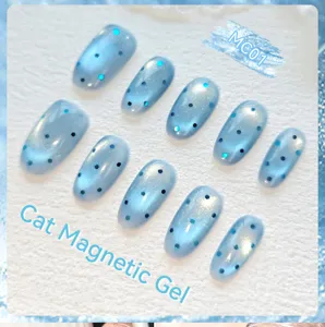 Detailed macro shot of blue cat-eye magnetic nail gel showing ice translucent shimmering effect