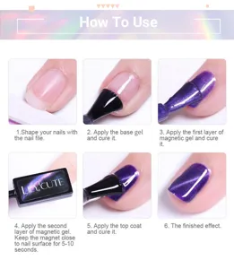 Step-by-step tutorial for applying magnetic cat eye nail gel with necessary curing instructions.