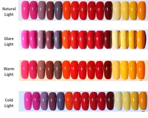 Gel nail polish color swatches compared under natural, glare, warm, and cold light