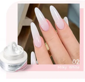 Close-up of milky white non-stick solid builder gel and long almond nail extension
